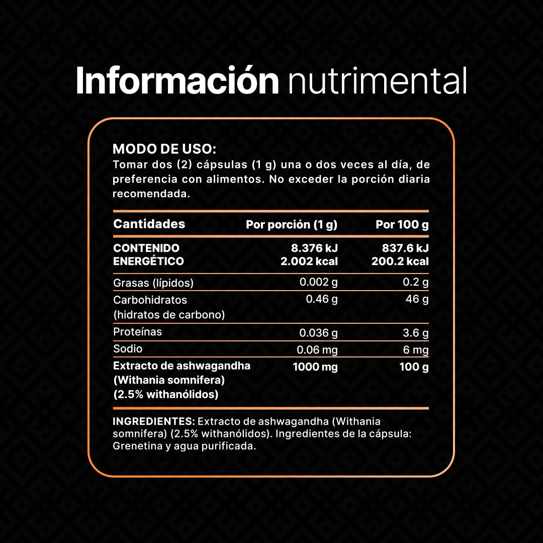Ashwagandha Orgánica | 1000 mg por porción | 180 cápsulas