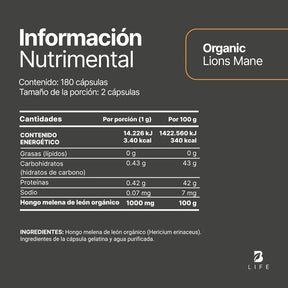 Hongo Melena de León Orgánico | 1000 mg por porción | 180 Cápsulas