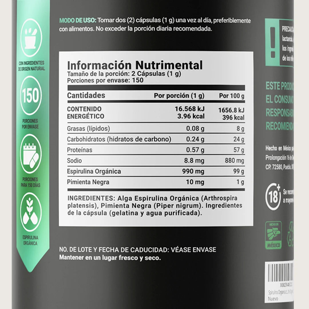 Espirulina Orgánica | Fórmula con Pimienta Negra | 1000 mg por porción