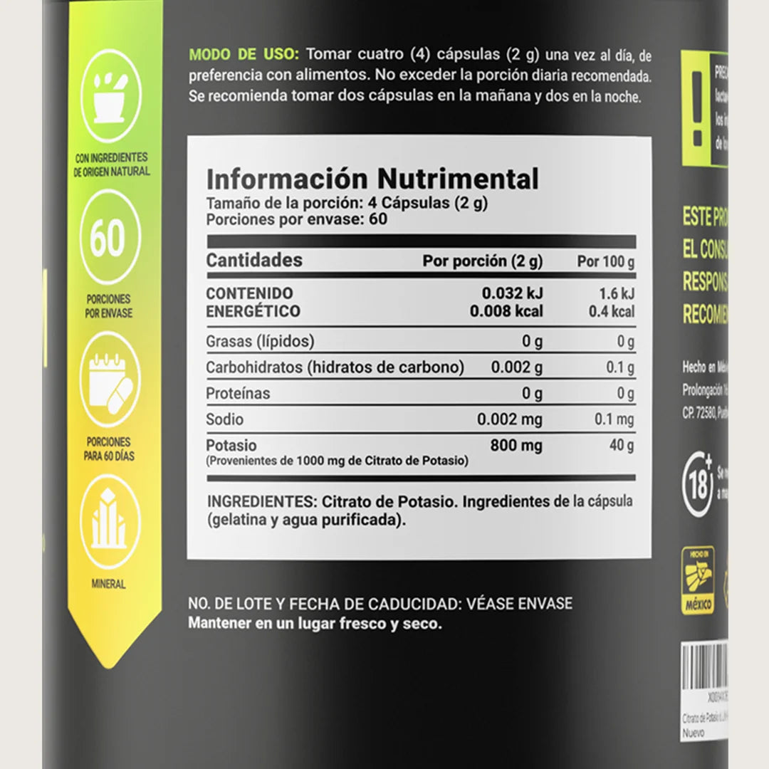 Citrato de Potasio | 800 mg de Potasio Provenientes de 1000 mg de Citrato
