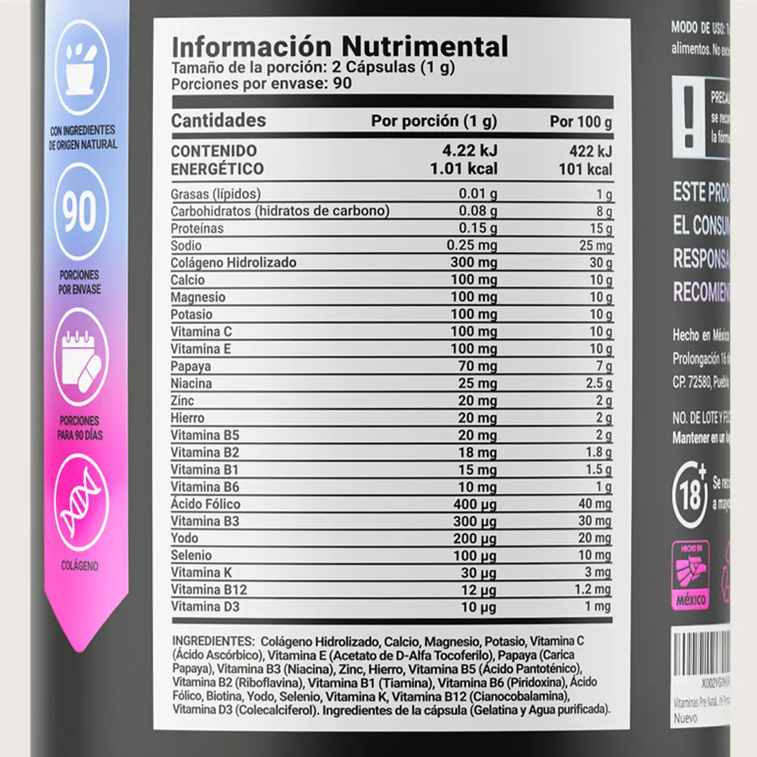 Multivitamínico con Ácido Fólico, Calcio, Vitaminas, Colágeno Hidrolizado y Magnesio | 180 Cápsulas