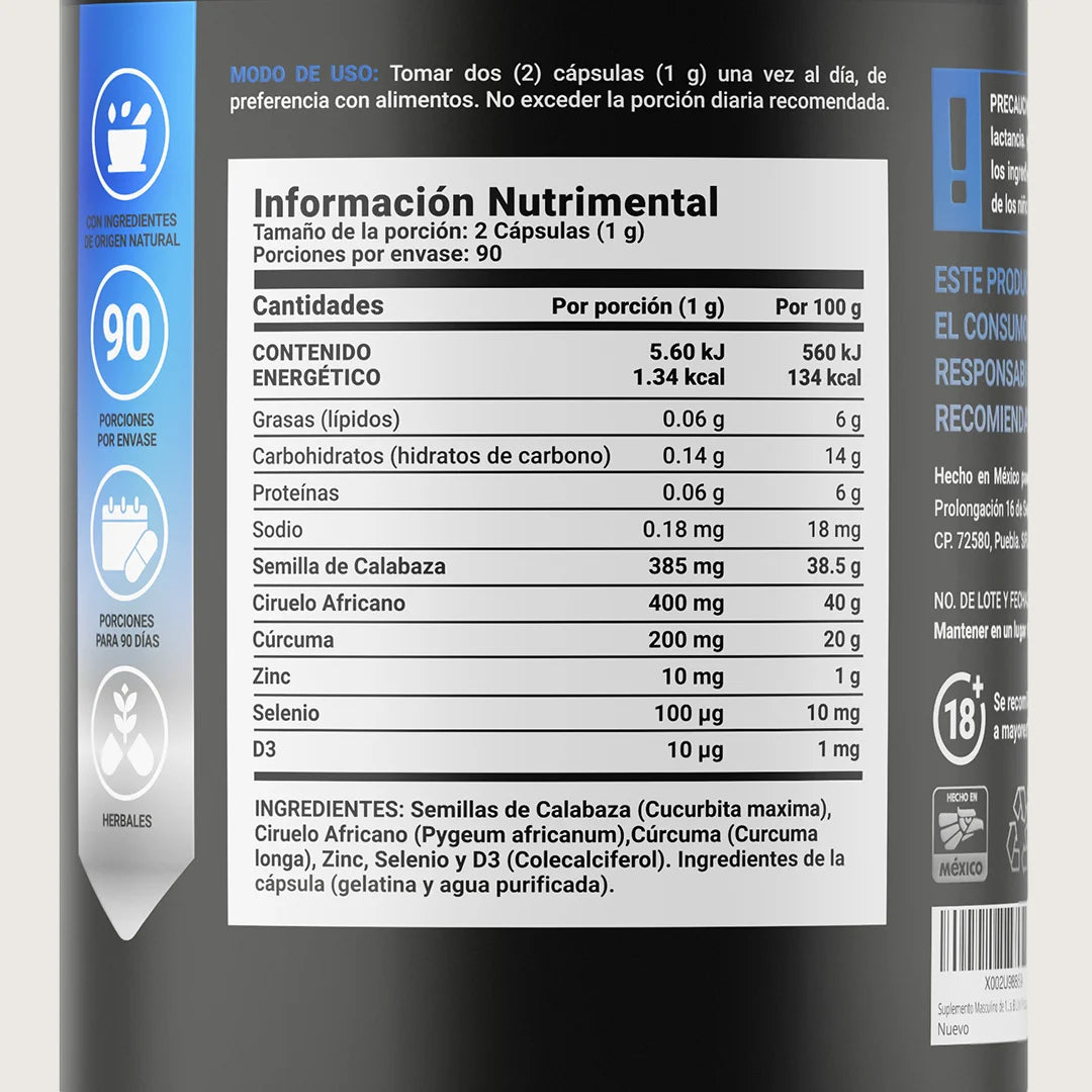 Fórmula para Hombre con Ciruelo Africano, Selenio, Semilla de Calabaza, Cúrcuma, Zinc y Vitamina D3 | 1000 mg por Porción | B Life