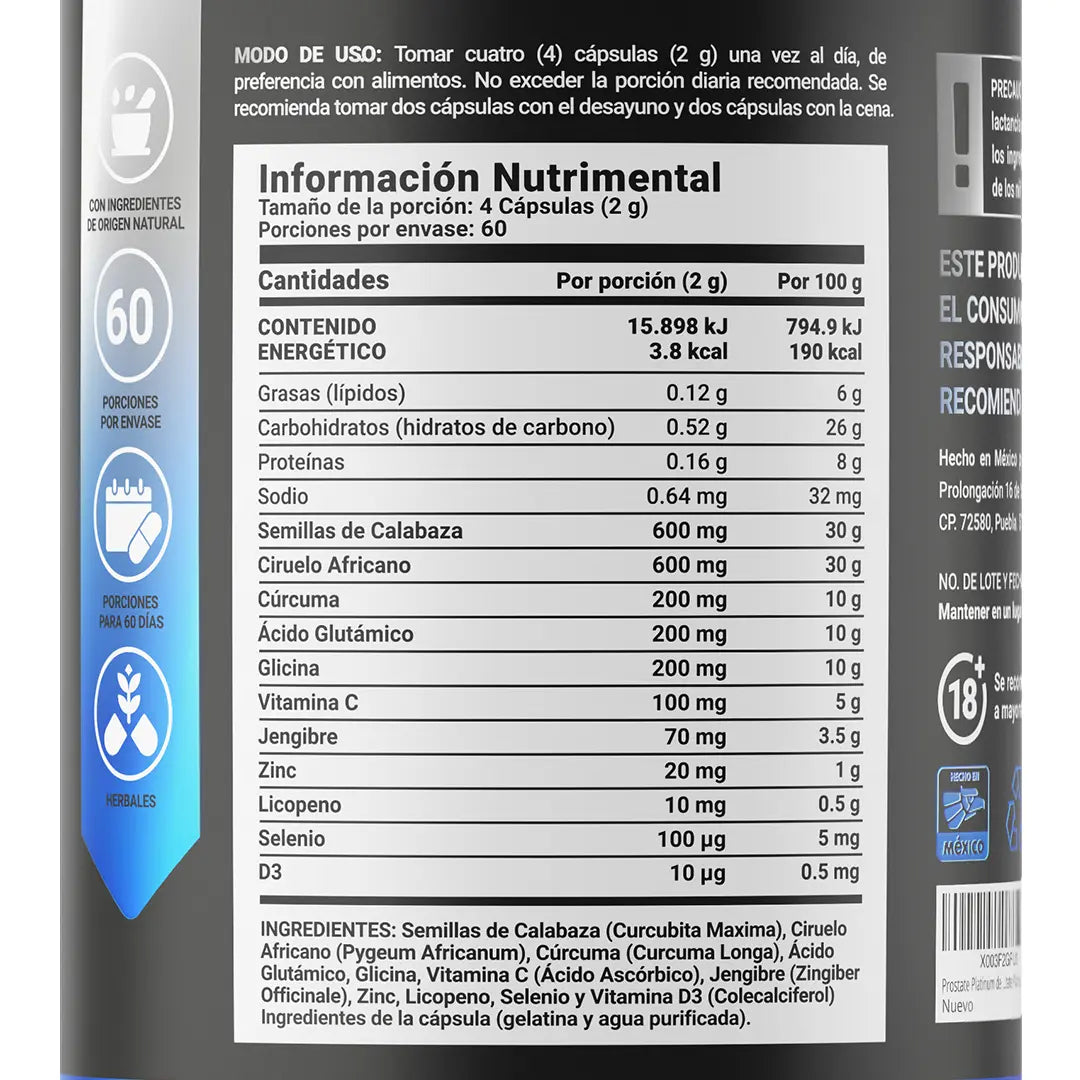 Fórmula Platinum con Ciruelo Africano, Selenio, Cúrcuma, Zinc, Semilla de Calabaza y Vitamina D3 | 2000 mg por Porción | 240 Cápsulas