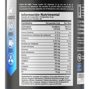 Fórmula Platinum con Ciruelo Africano, Selenio, Cúrcuma, Zinc, Semilla de Calabaza y Vitamina D3 | 2000 mg por Porción | 240 Cápsulas