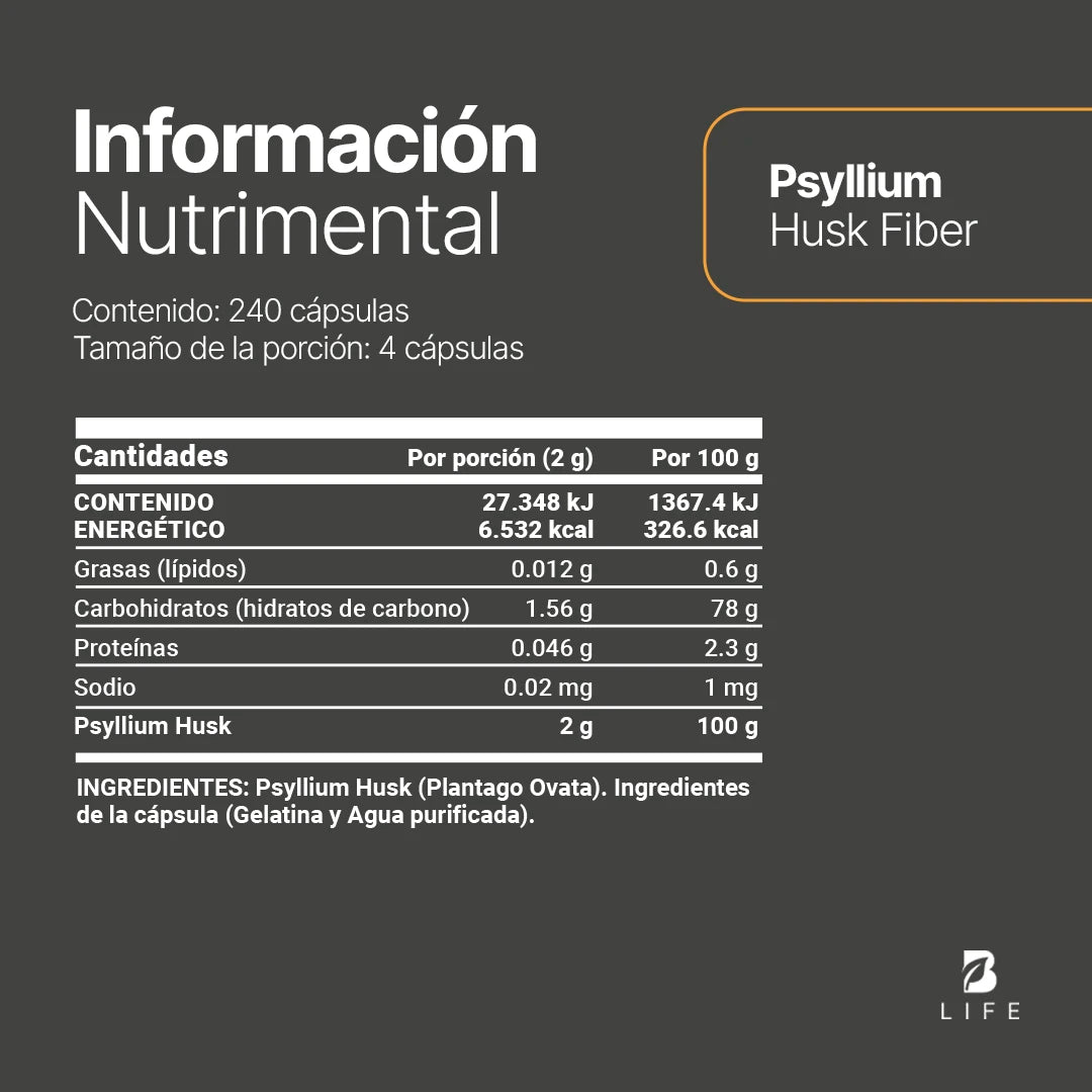 Cápsulas de Psyllium Husk | 2000 mg por Porción | 240 Cápsulas