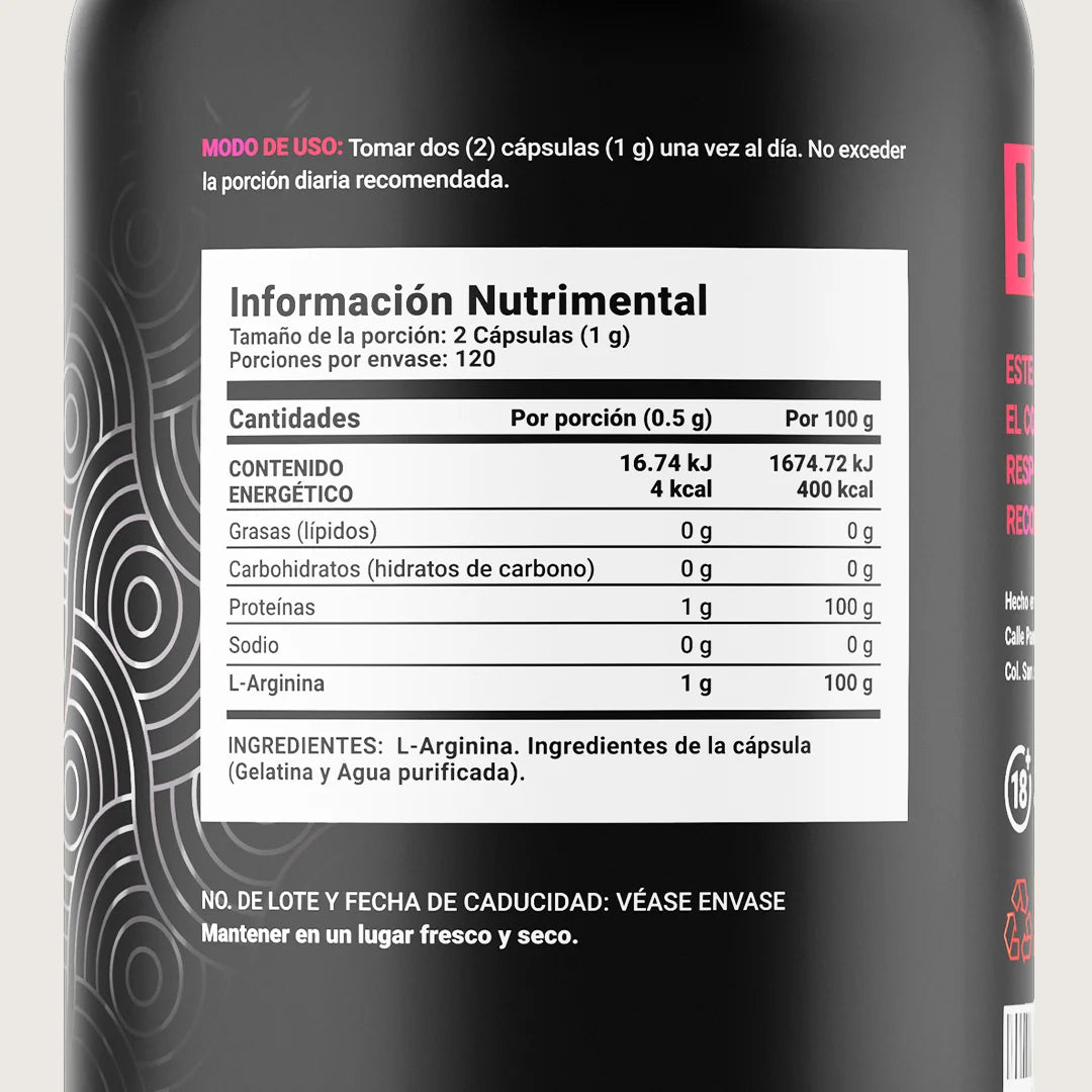 Pura Arginina | 240 Cápsulas | 1000 mg por porción