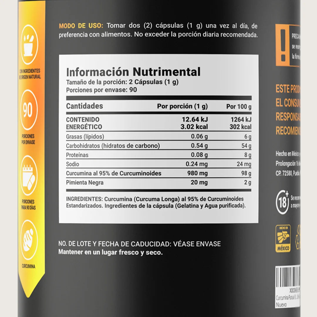 Curcumina Pura | 180 Cápsulas 1000 mg por porción