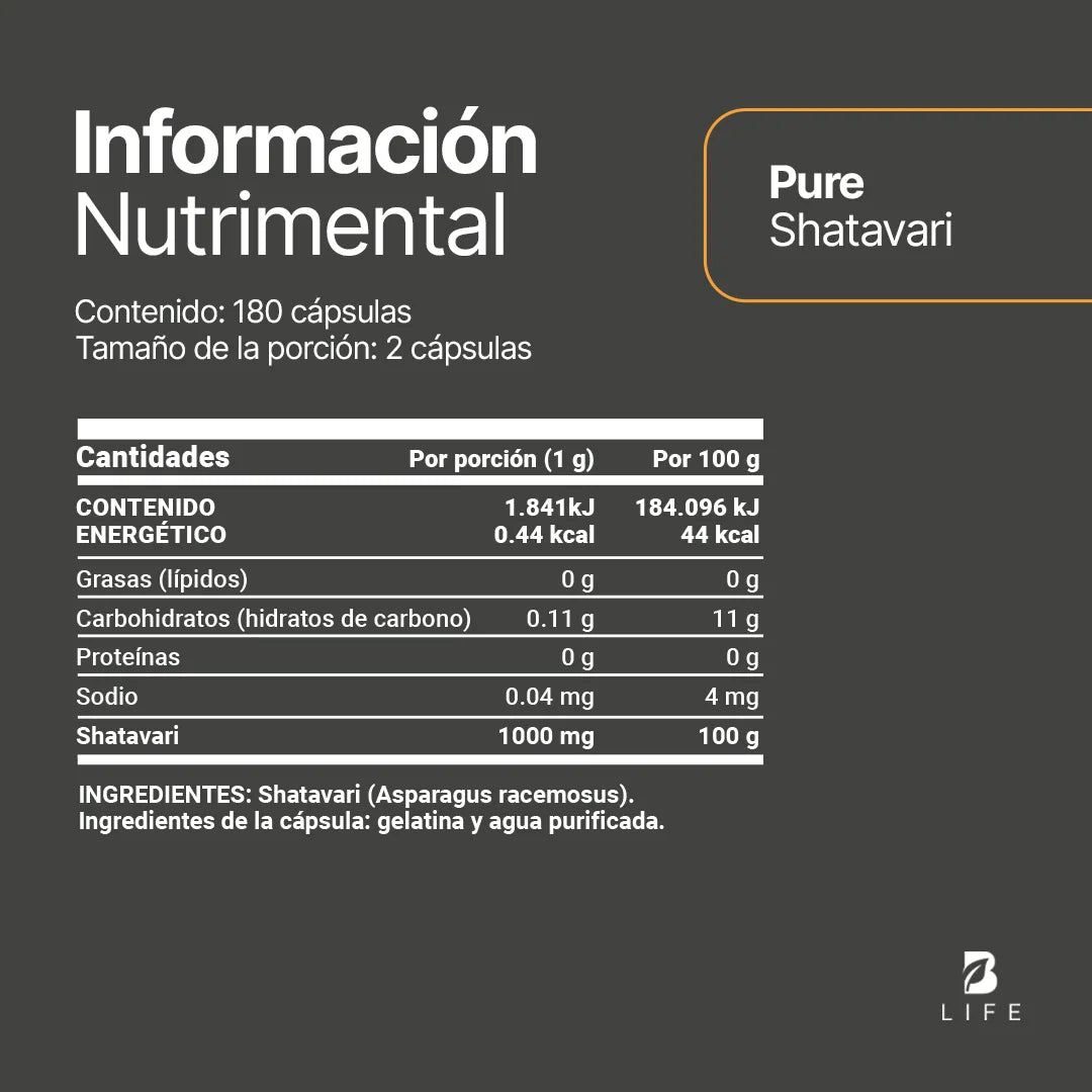 Shatavari Puro | 1000 mg por porción | 180 cápsulas