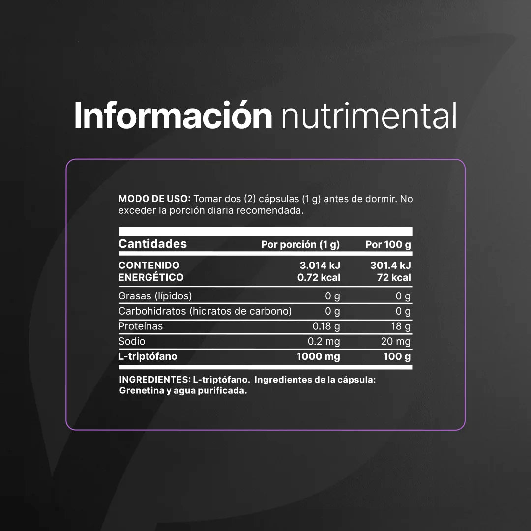 Pure Tryp-tophan | 180 cápsulas | 500 mg por Porción | Aminoácido Esencial