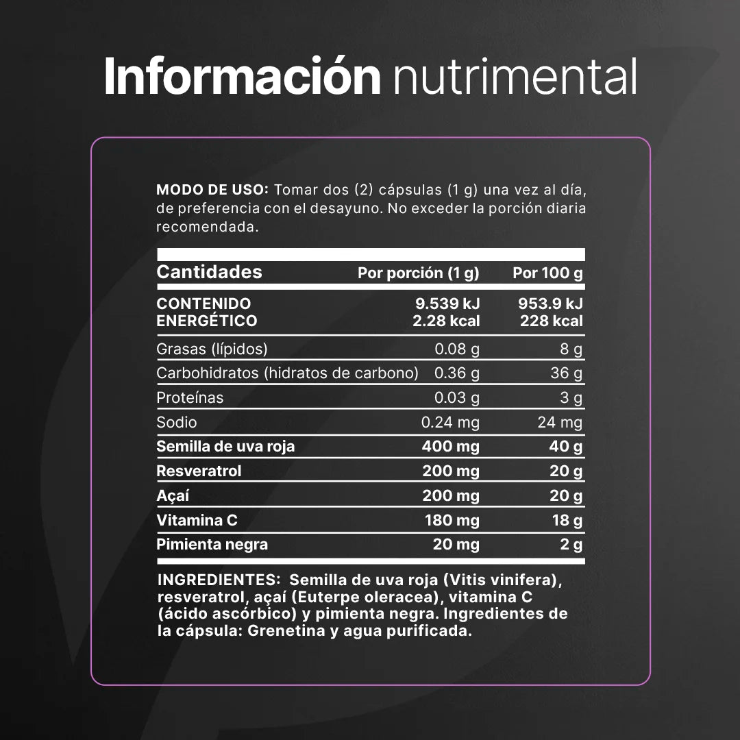 Resveratrol | con Uva Roja, Açaí, Vitamina C y Pimienta Negra | 1000 mg por porción