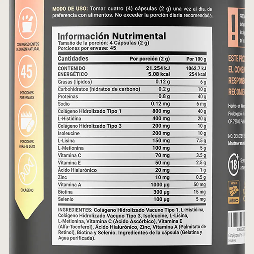 Fórmula con Colágeno tipo I y III, Ácido Hialurónico, Zinc, y Biotina | 150 cápsulas