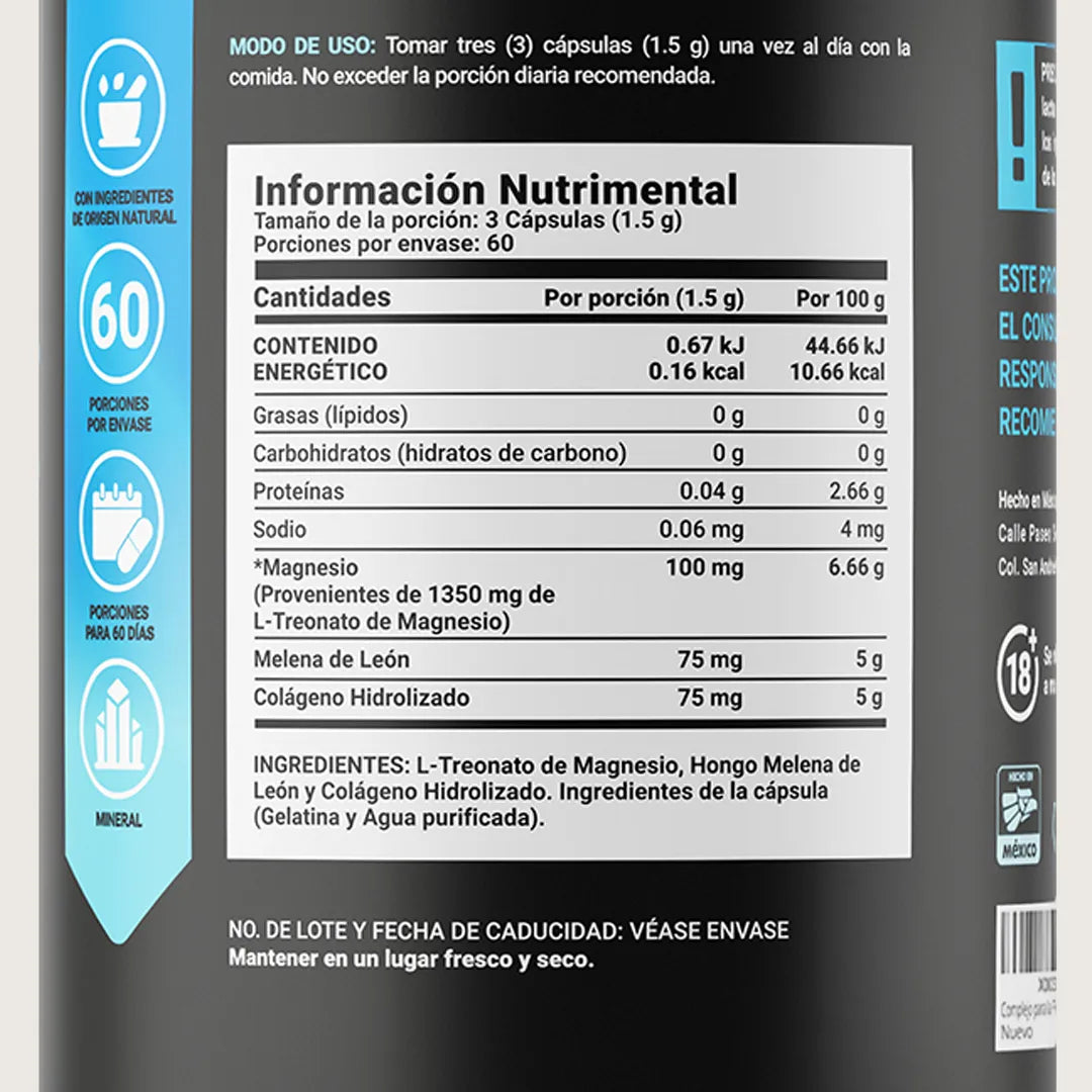 Treonato de Magnesio | con Melena de Leon y Colágeno Hidrolizado | 180 cápsulas