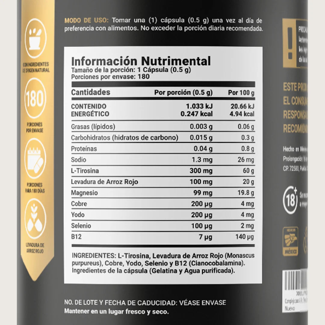 Mezcla de L-Tirosina, Cobre, Selenio, Yodo, Levadura de Arroz Rojo y B12 | 180 cápsulas