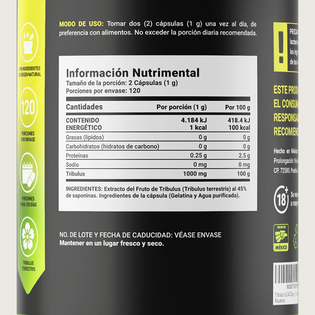 Tribulus Terrestris Estandarizado al 45% | 1000 mg por poción | 240 cápsulas