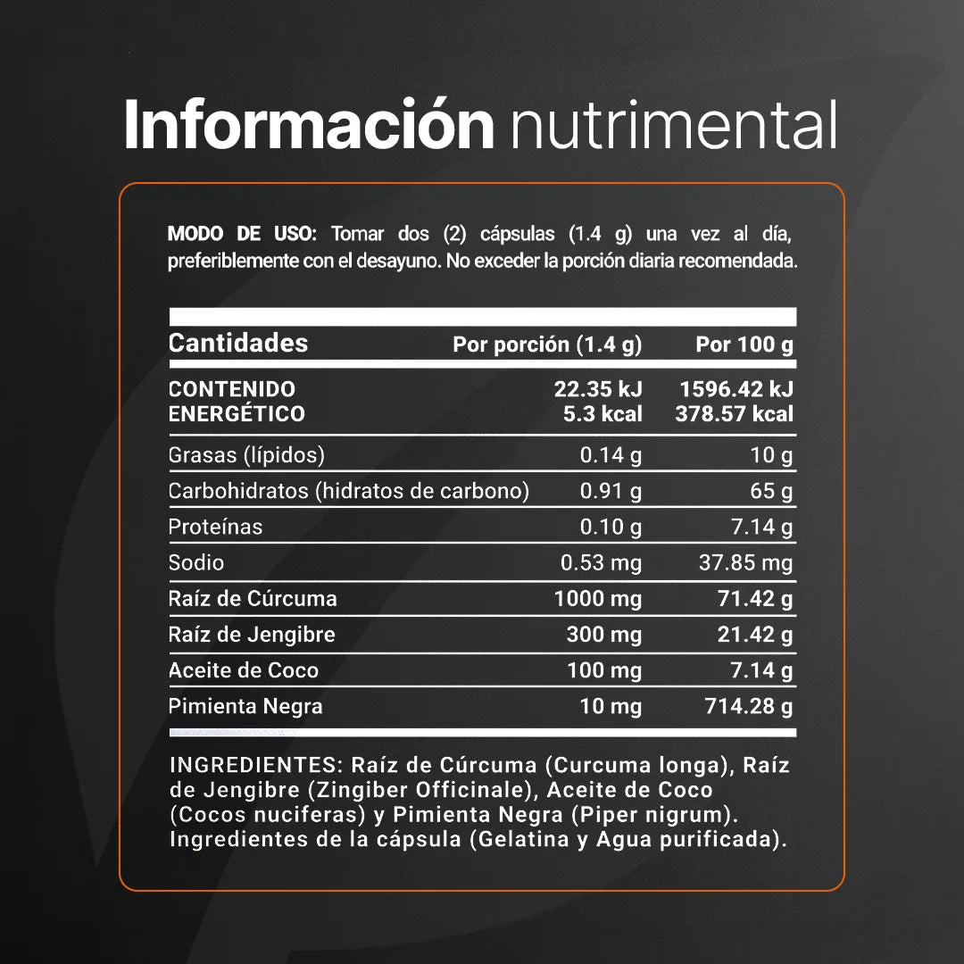 Cúrcuma con Jengibre | adicionado con Aceite de Coco y Pimienta Negra | 1400 mg por Porción