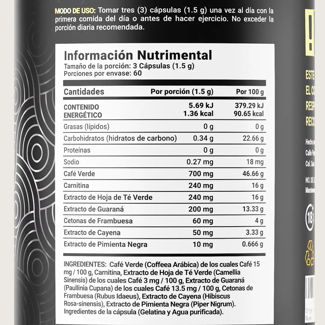 Mezcla de Café Verde, Carnitina, Té Verde, Guaraná, Cetonas De Frambuesa y Cayena | 180 cápsulas