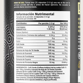 Mezcla de Café Verde, Carnitina, Té Verde, Guaraná, Cetonas De Frambuesa y Cayena | 180 cápsulas