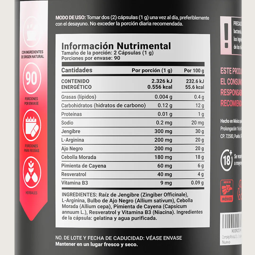 Mezcla de Jengibre, Ajo negro, Arginina, Resveratrol, Vitamina B3, Cebolla Morada y Pimienta de Cayena