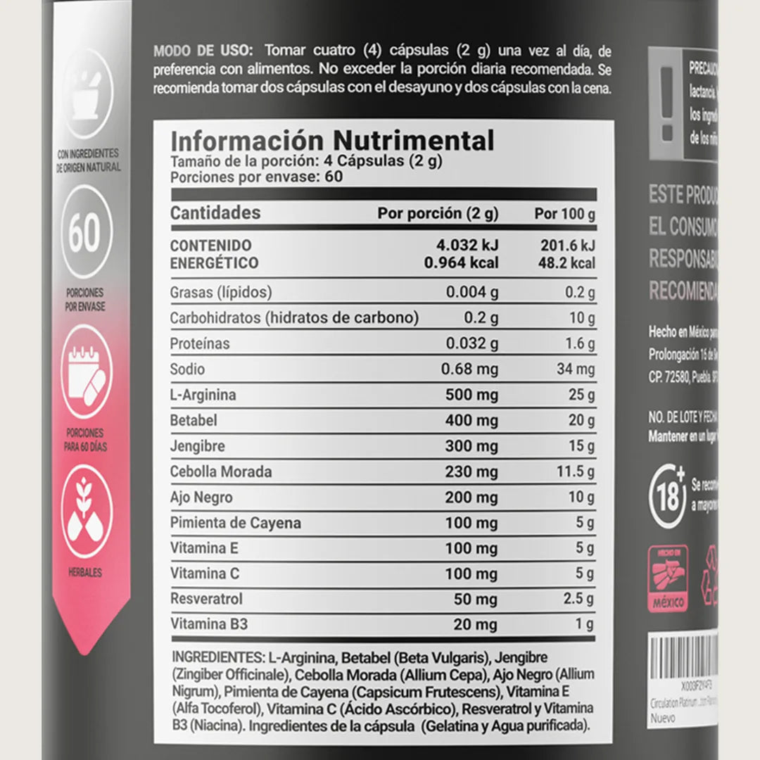 Mezcla Platinum con L-Arginina, Resveratrol, Ajo negro, Jengibre y Vitaminas | 240 cápsulas