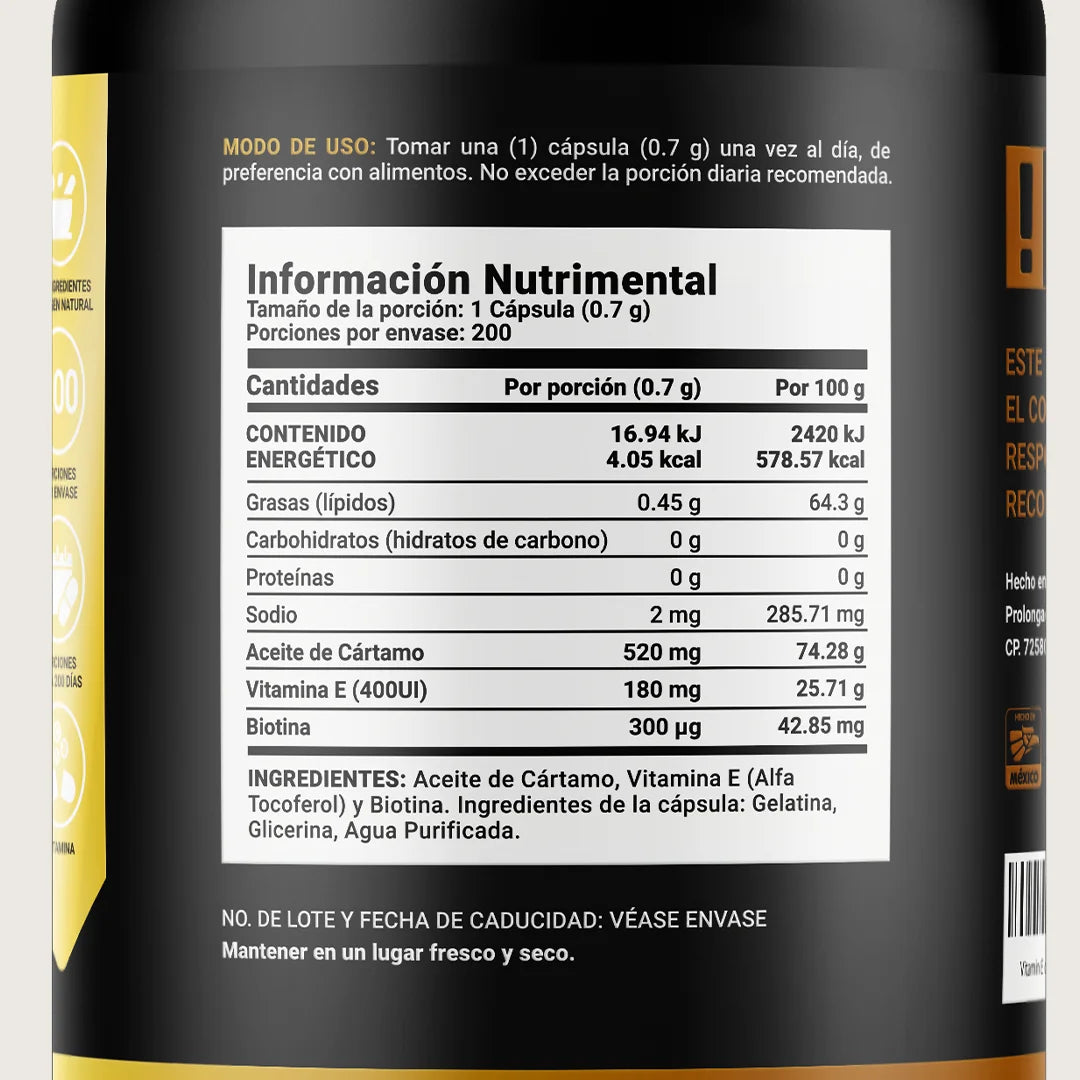 Vitamina E 400 UI | con Biotina y Aceite de Cártamo | 200 cápsulas