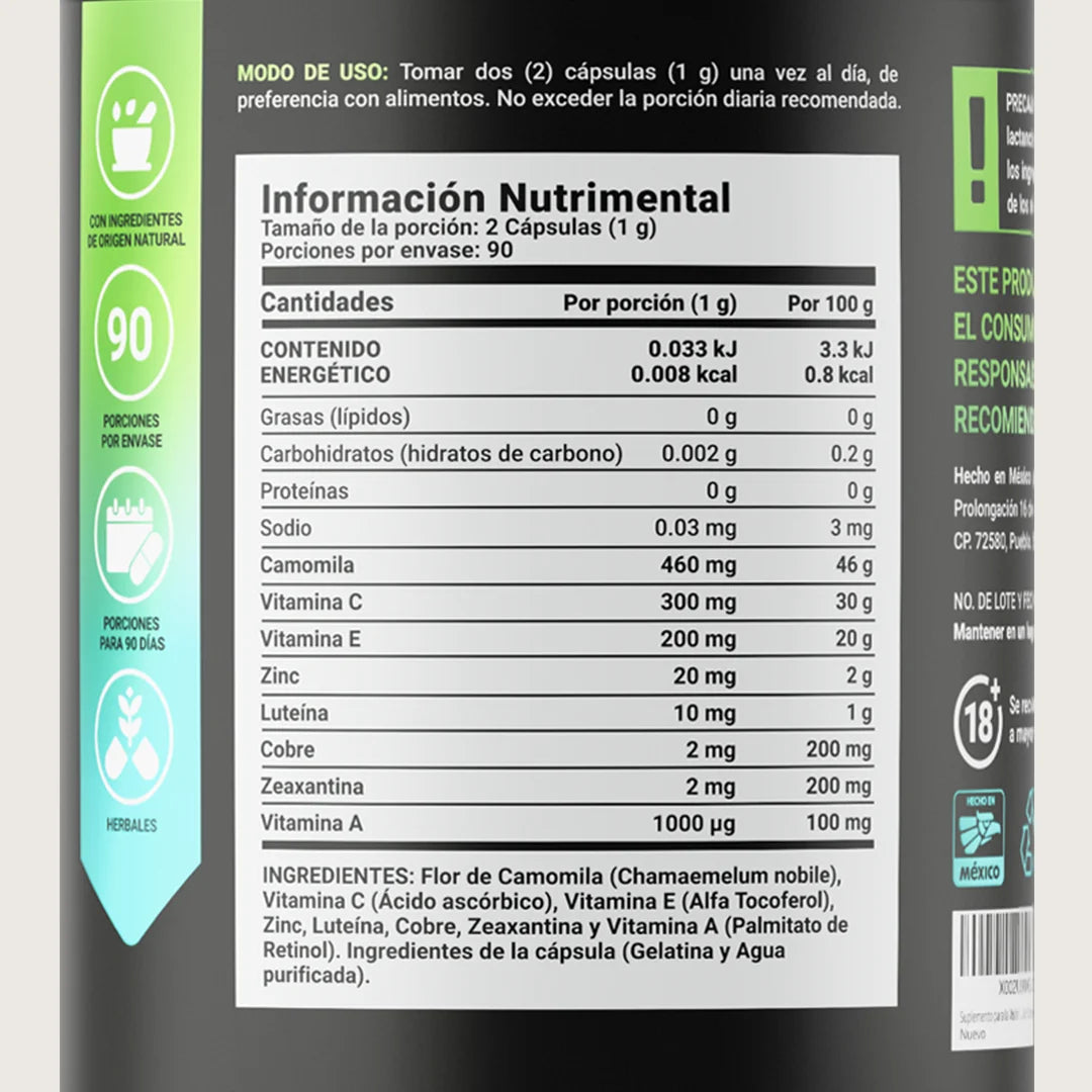 Mezcla de Camomila, Luteína y Zeaxantina | con Vitamina A, C, E, Zinc y Cobre