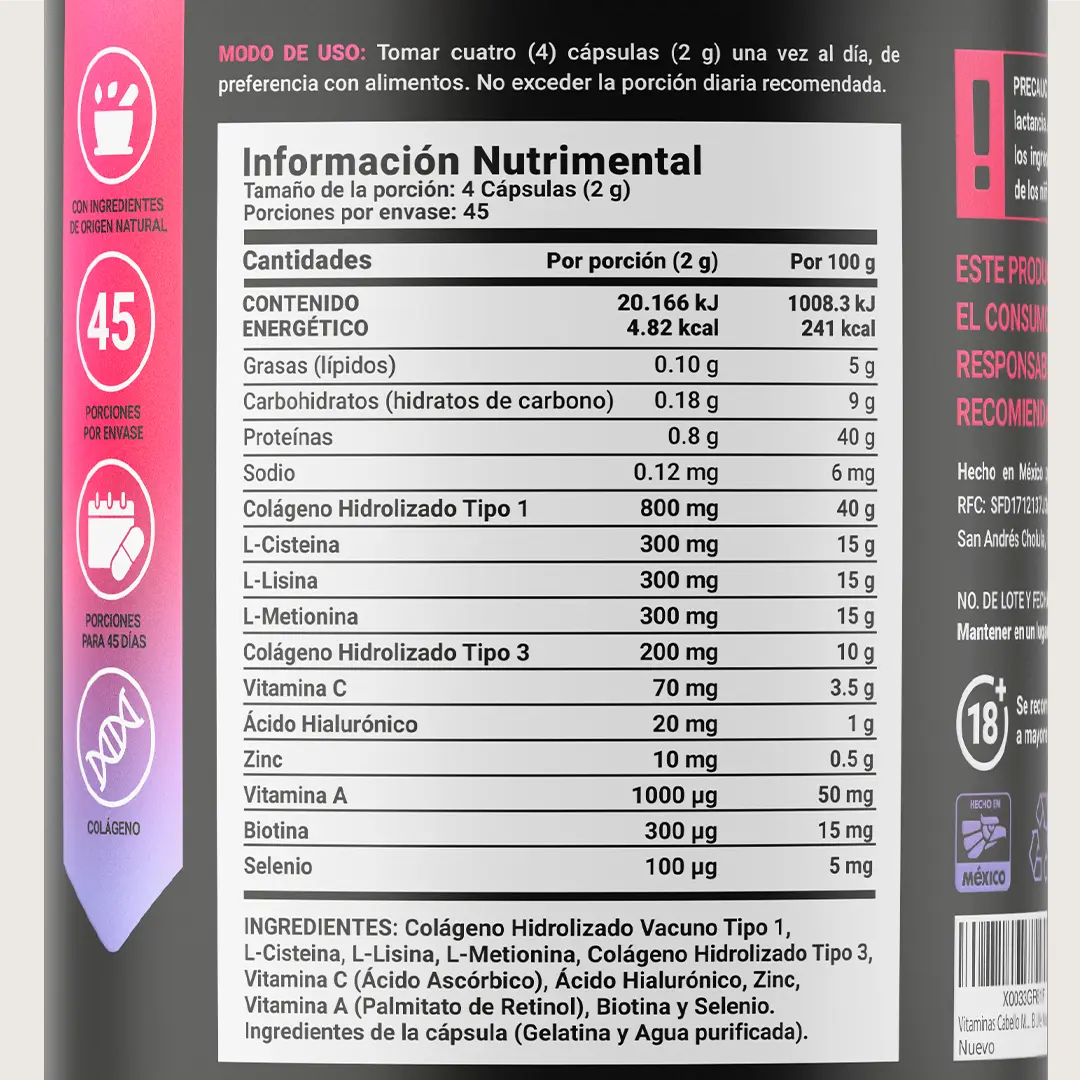 Vitaminas para el Cabello de la Mujer | Con Colágeno Hidrolizado, Biotina, Zinc y Ácido Hialurónico