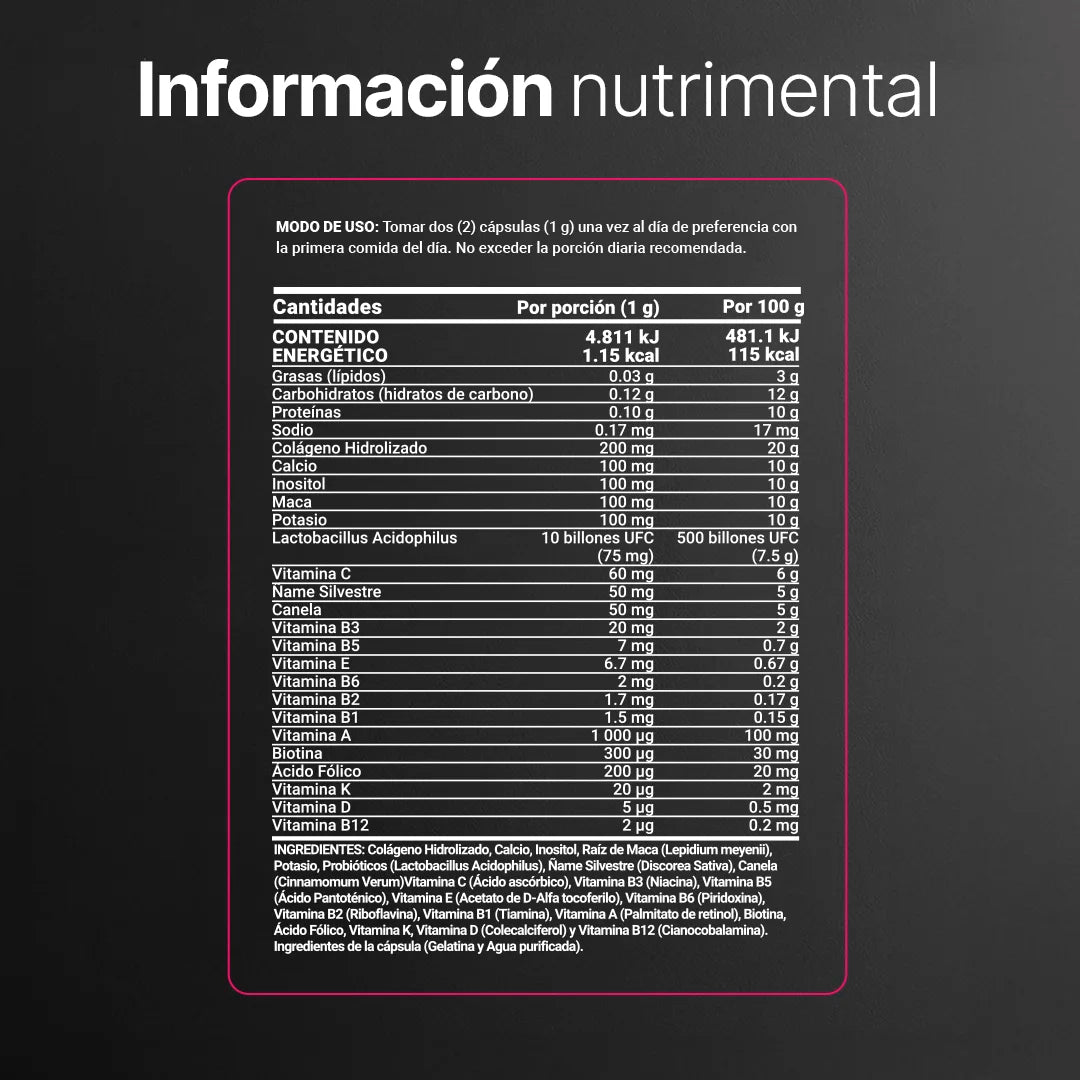 Multivitamínico para Mujer de Más de 40 Años | Con Colágeno, Maca, Inositol y Probióticos | 1000 mg por porción