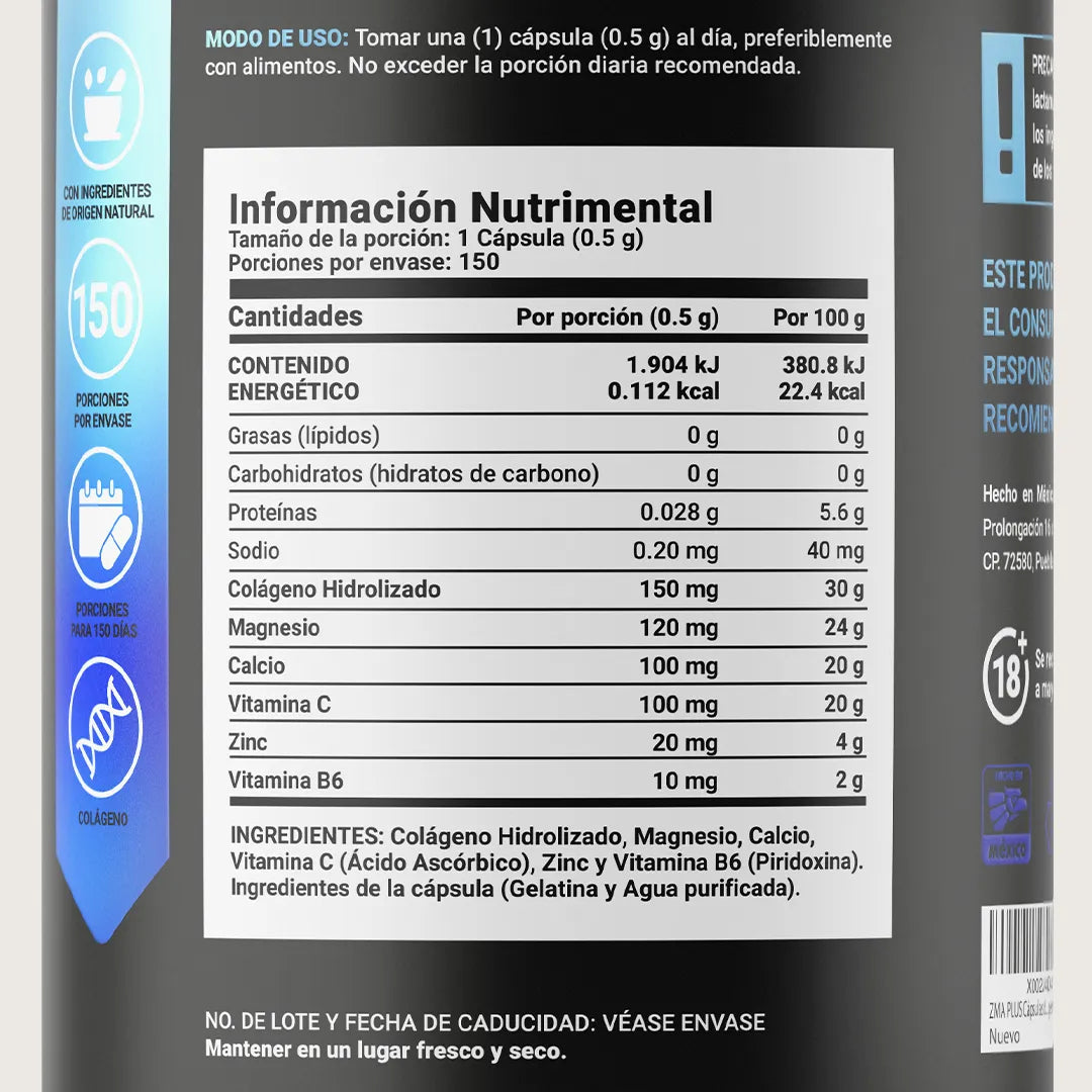 Mezcla de Zinc | con Magnesio, Vitamina C, Colágeno Hidrolizado, Vitamina B6 y Calcio | 150 cápsulas